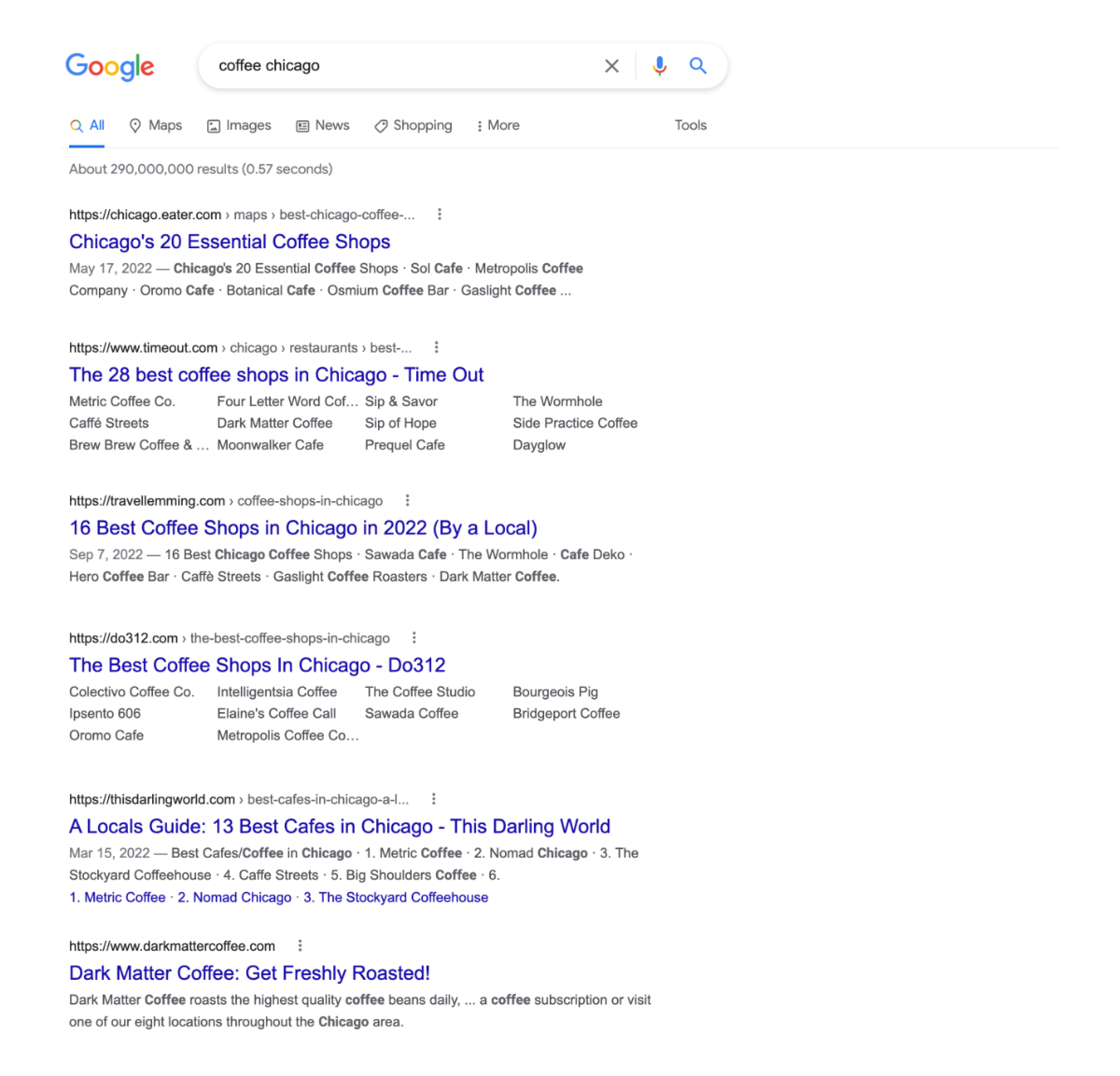 Google Search API JSON response example showing search results with titles, links, and descriptions